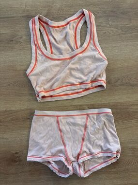 BB Matching Ribbed White Women's Bralette & Boyshort Set with Red Orange Trim